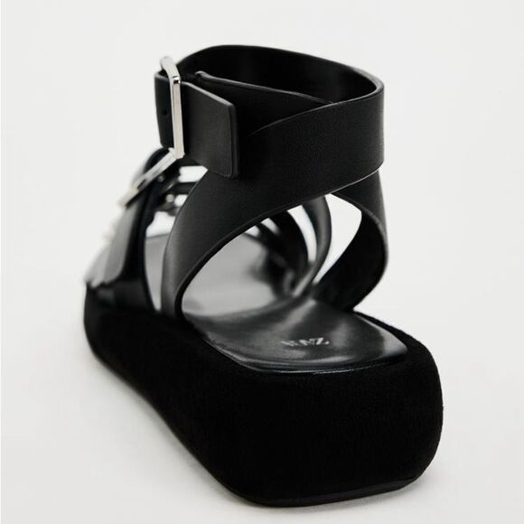 ZARA GENUINE LEATHER BUCKLED STRAP FLATFORM SANDALS - Picture 5 of 11